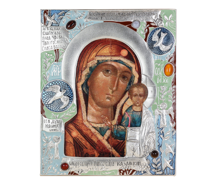 Казанская икона Богоматери, в раме с клеймами сказания об иконе